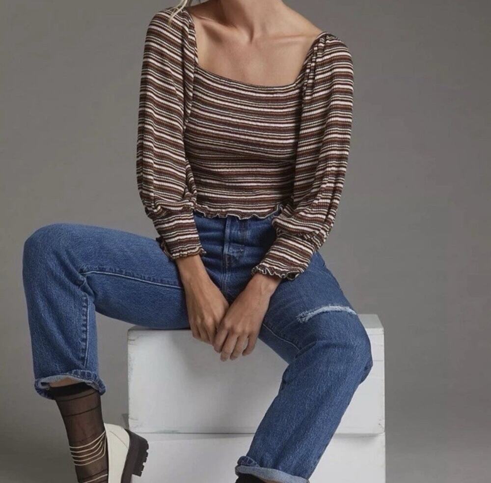 Anthropologie Striped Off Shoulder Top Blouse Long Sleeve Smocked Boho XS